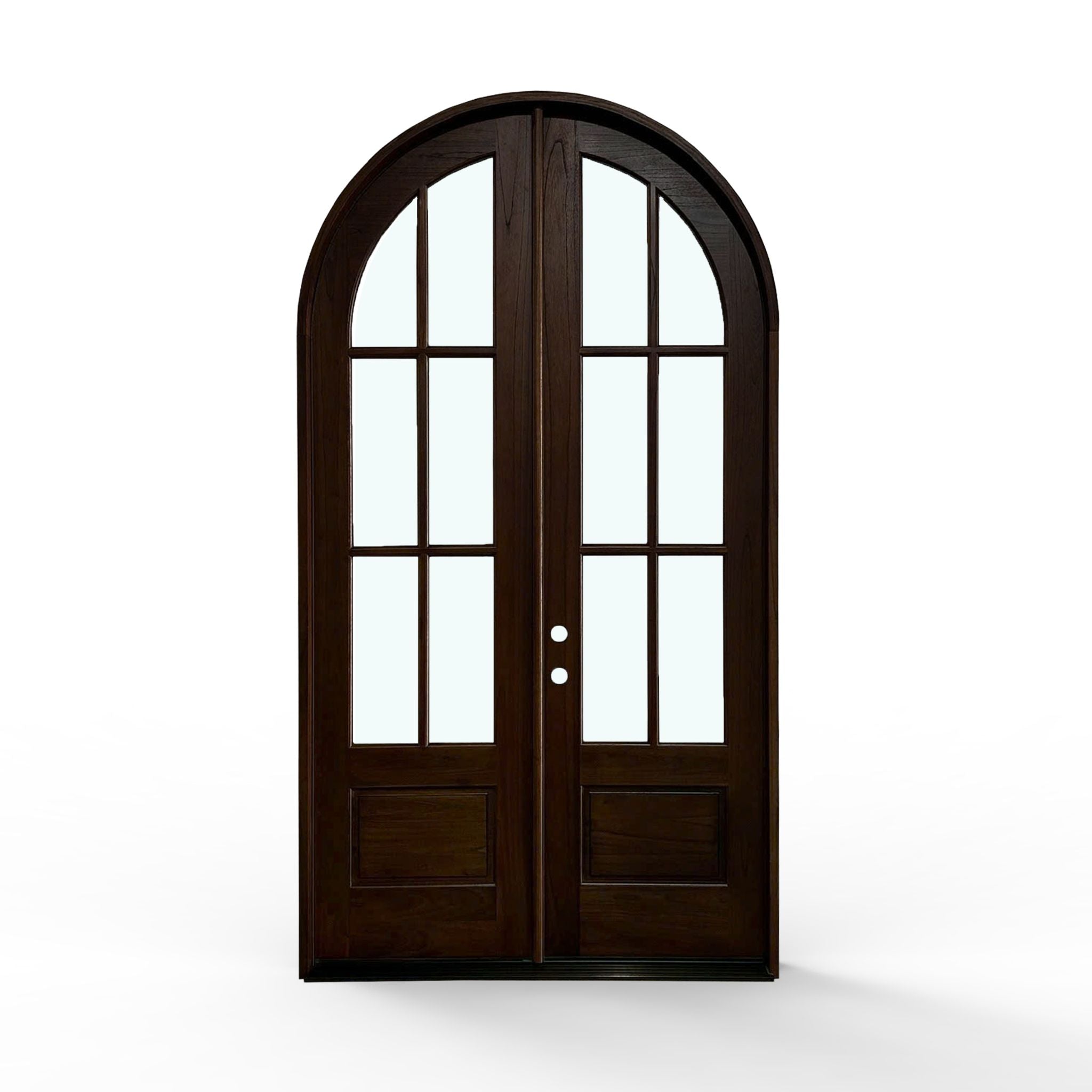 Weatherproof wood 6-lite arch top double door, 60x112, espresso finish, clear glass panes, front view,  raised wood panels, Right hand inswing