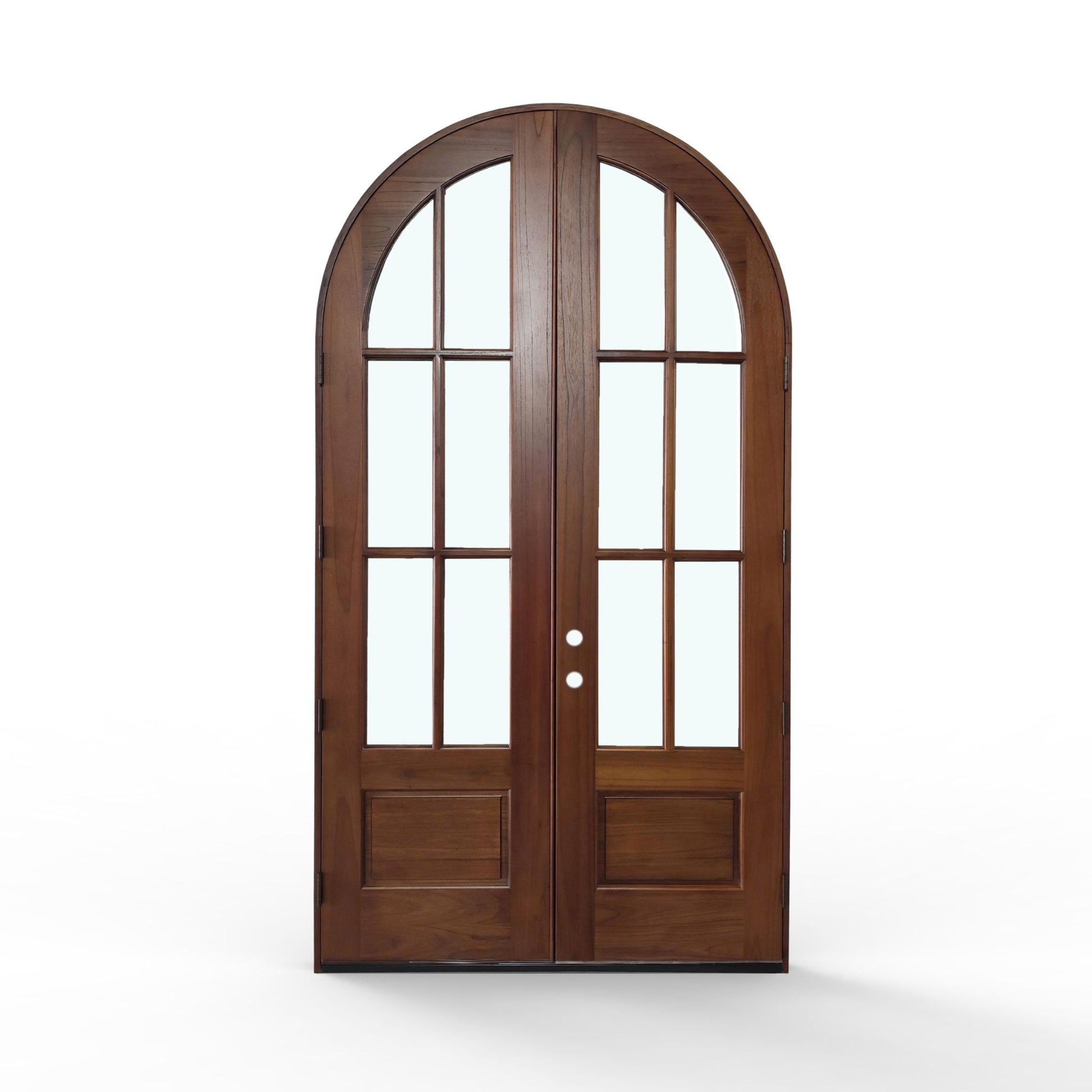 pre-finished Weatherproof Mahogany wood 6-lite exterior double door, 60x112 inches, honey finish, back view, arched top, six glass panes, and raised wood panels at the bottom of each door