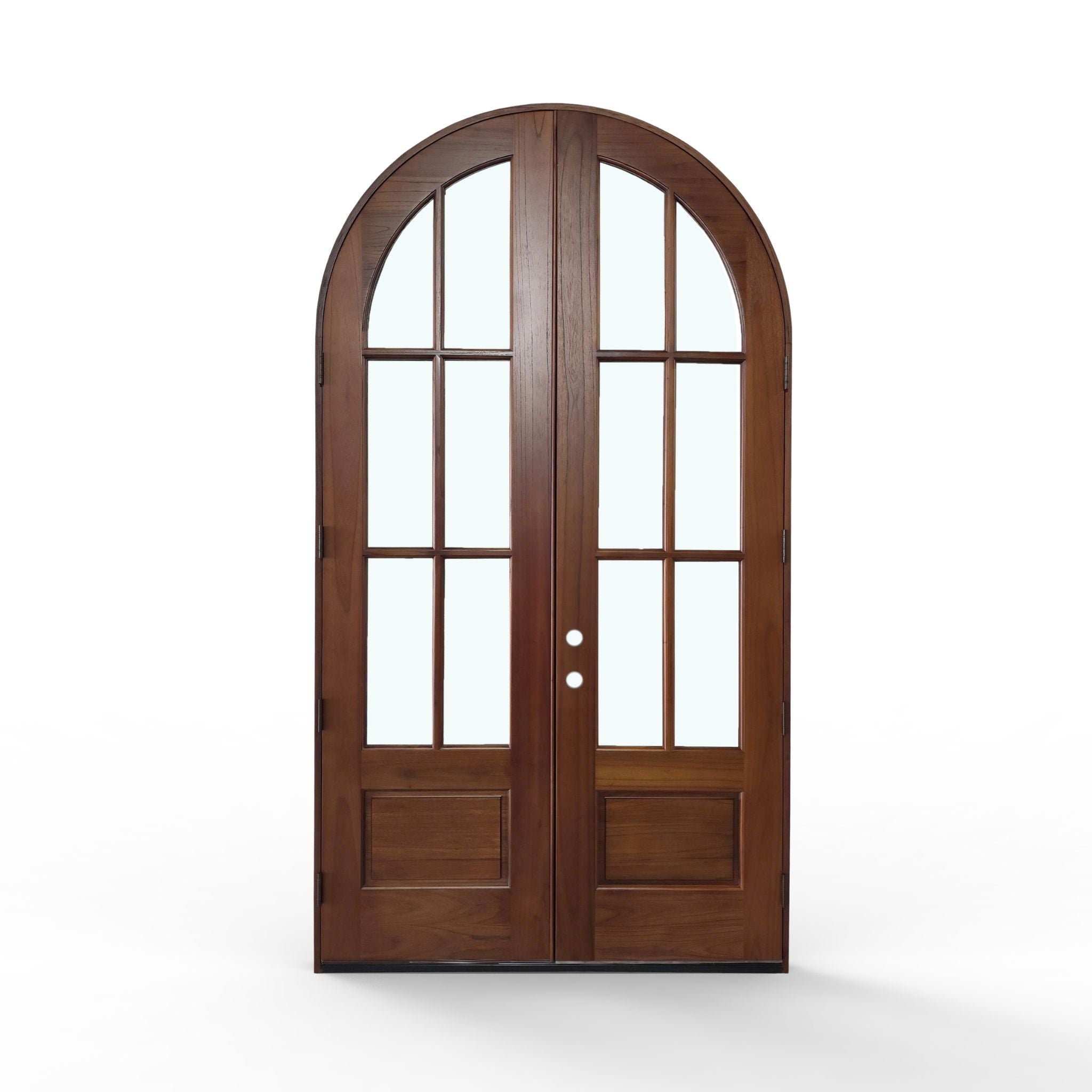pre-finished Weatherproof Mahogany wood 6-lite exterior double door, 60x112 inches, honey finish, back view, arched top, six glass panes, and raised wood panels at the bottom of each door