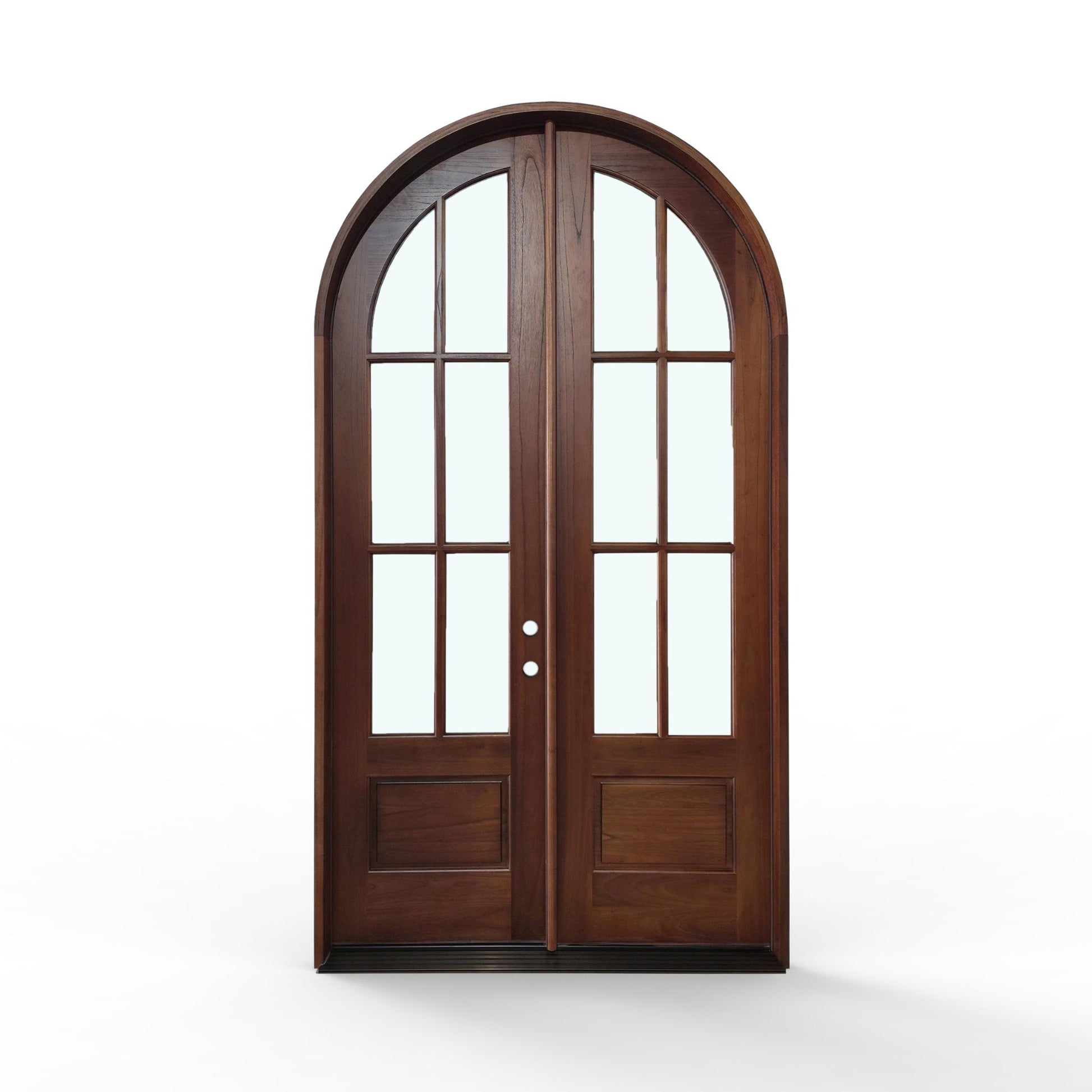 Weatherproof wood 6-lite arch top exterior double door, 60x112 inches, honey pre-finished color, front view, clear glass, raised panels at the bottom 