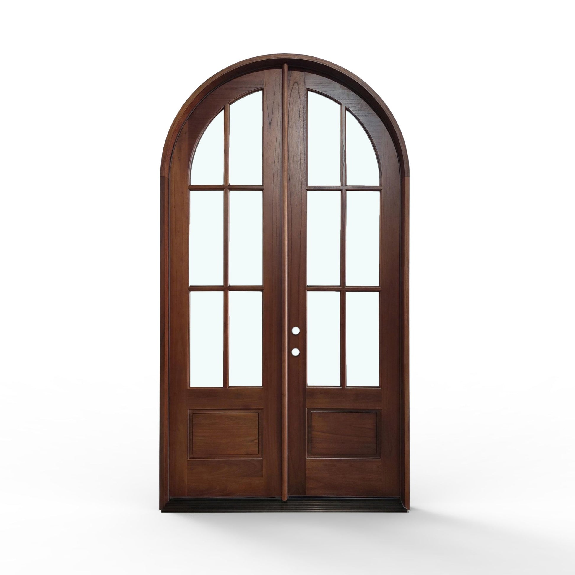 Weatherproof wood 6-lite arch top exterior double door, 60x112 inches, honey pre-finished color, front view, clear glass, raised panels at the bottom, Right hand in-swing