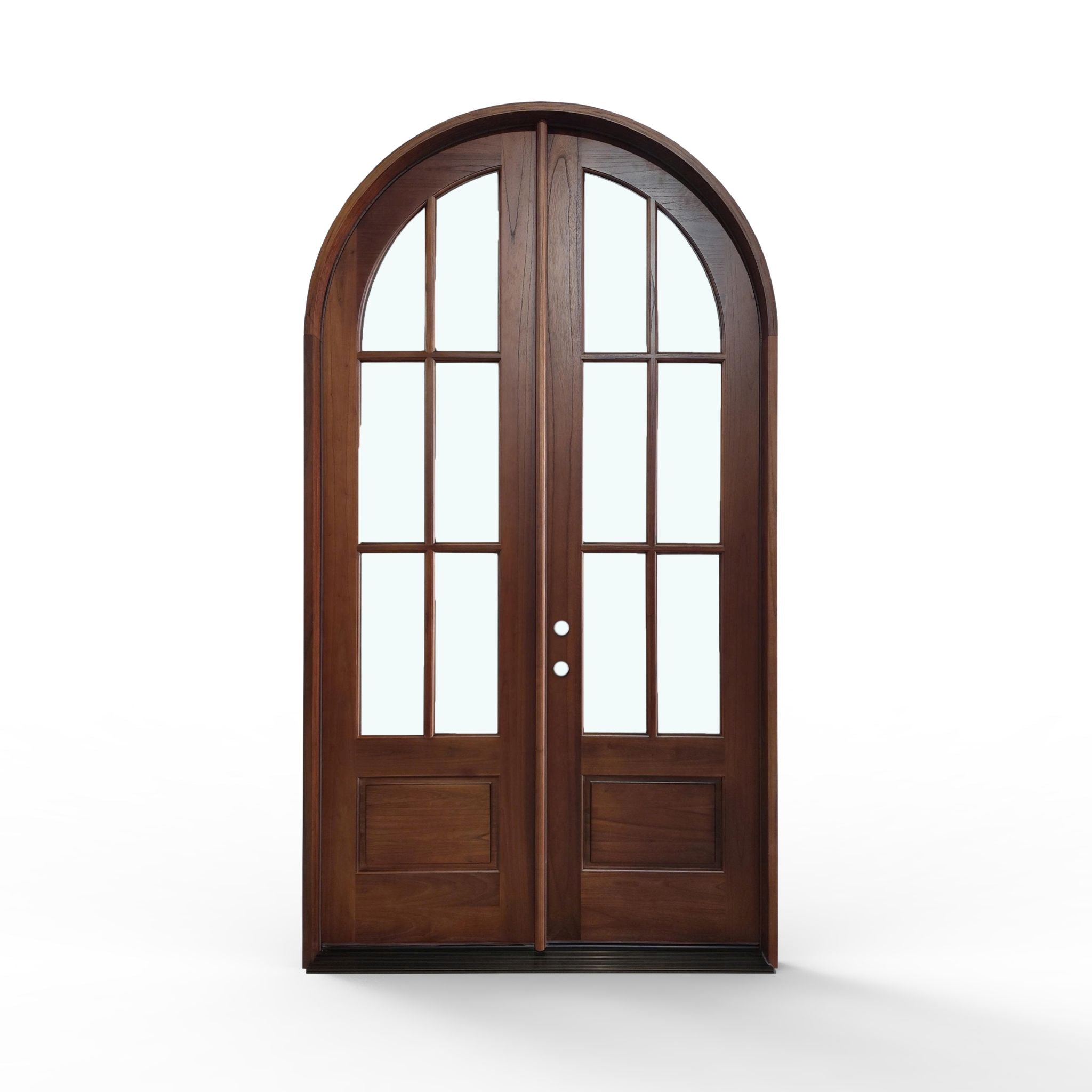 Weatherproof wood 6-lite arch top exterior double door, 60x112 inches, honey pre-finished color, front view, clear glass, raised panels at the bottom, Right hand in-swing