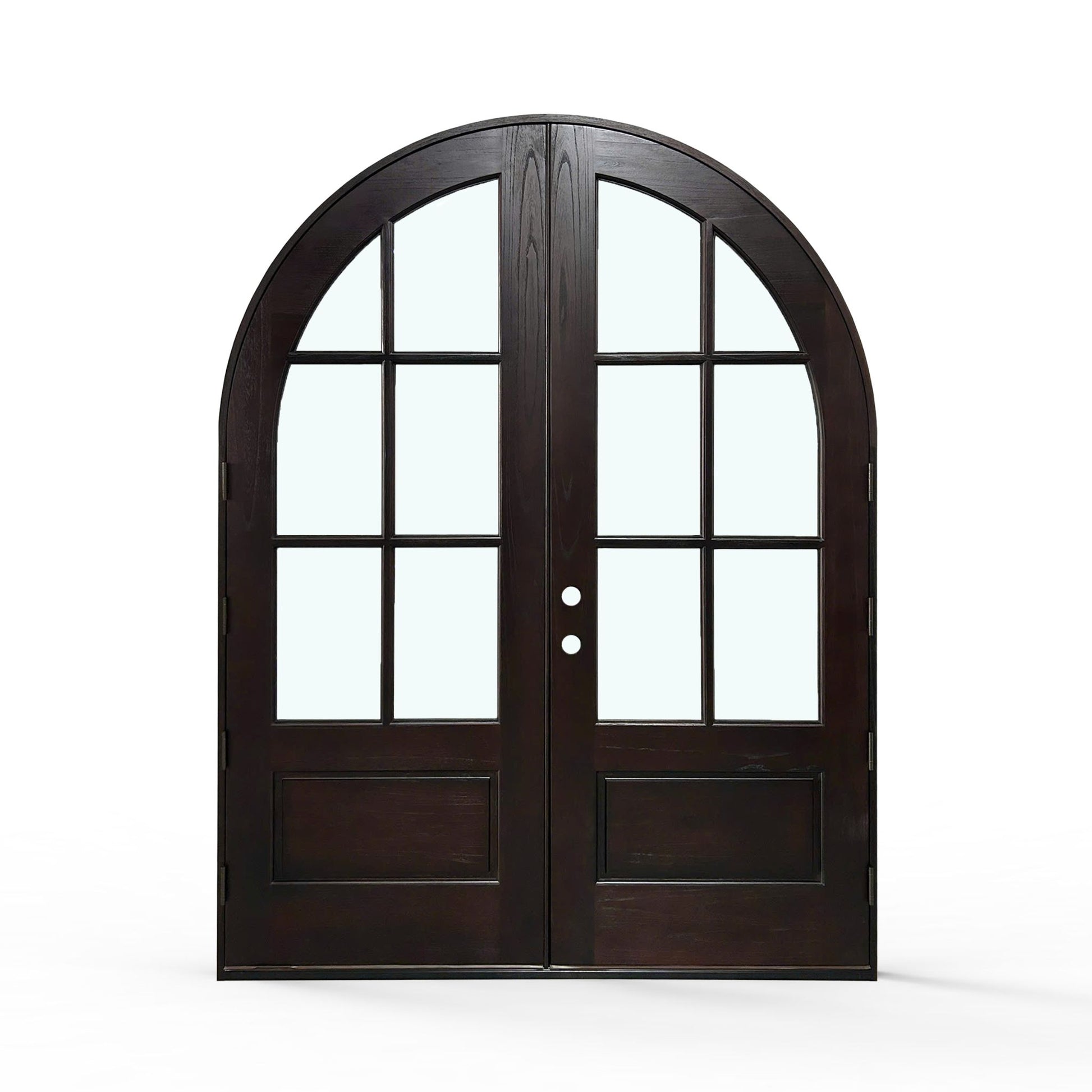 Weatherproof wood 6-lite, exterior double door, 72x96 inches, espresso finish, back view, arched top frame, clear 6 lights and raised wood panels