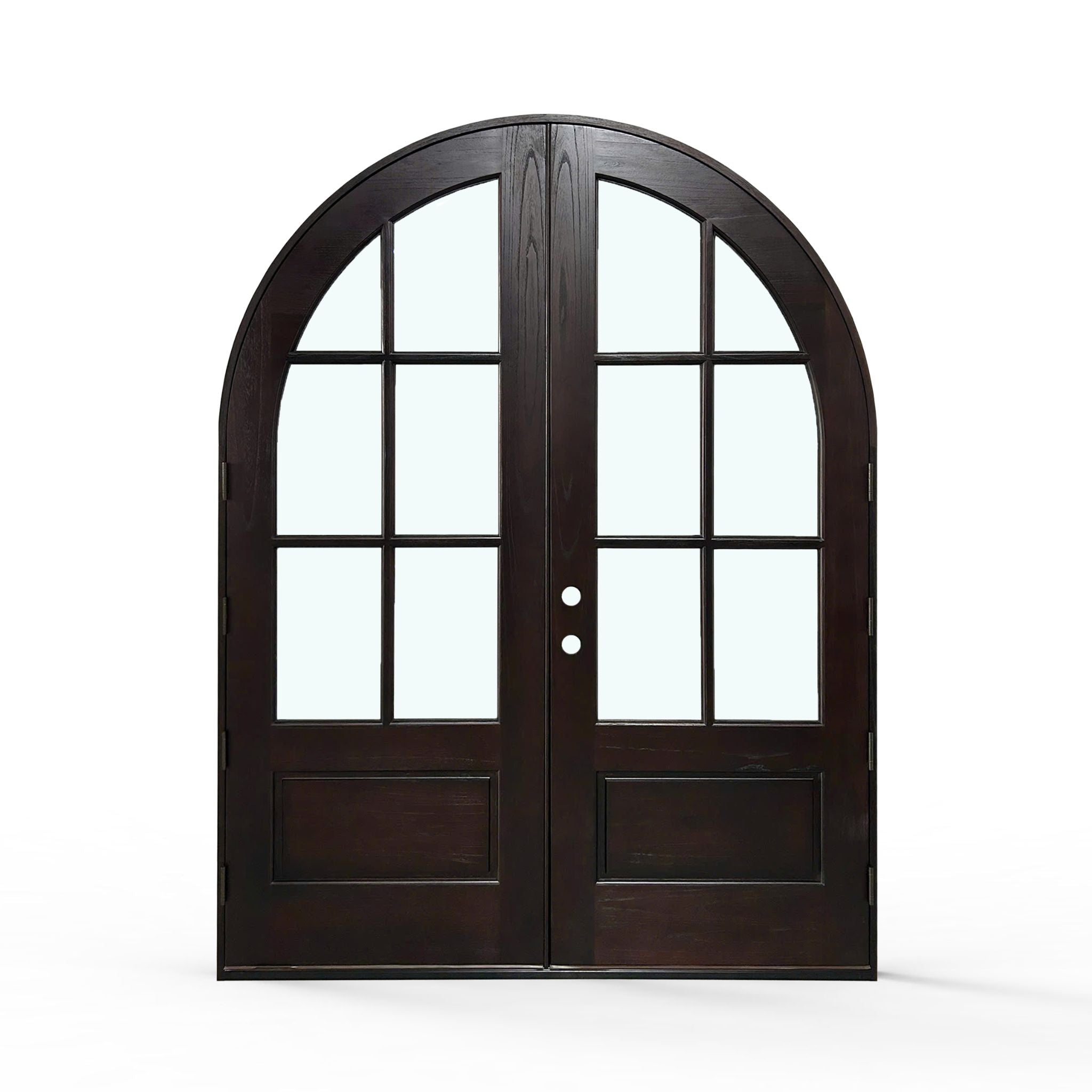 Weatherproof wood 6-lite, exterior double door, 72x96 inches, espresso finish, back view, arched top frame, clear 6 lights and raised wood panels