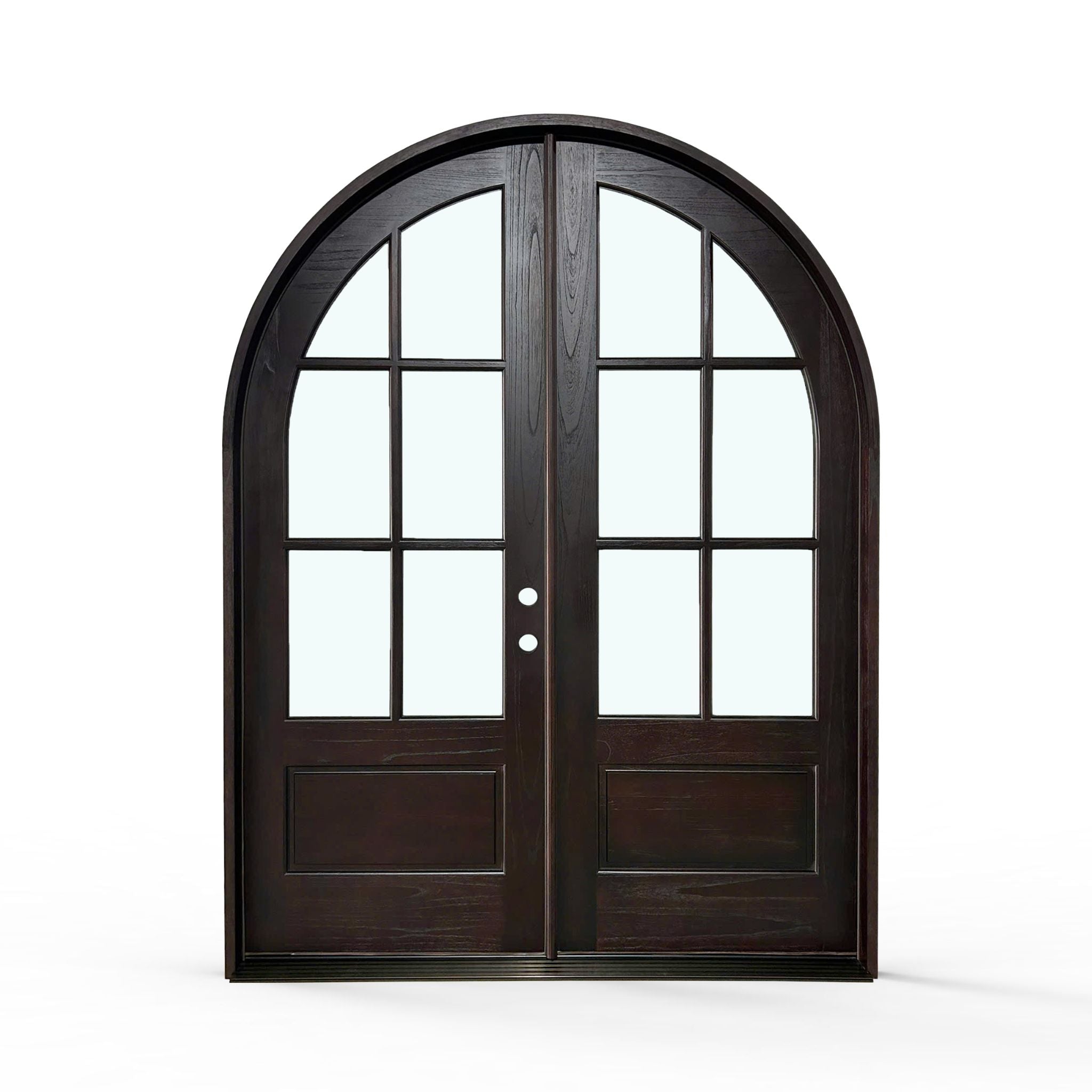 Weatherproof wood 6-lite arch top exterior double door, 72x96 inches, espresso pre-finish, front view, traditional, clear, and visible wood grain texture