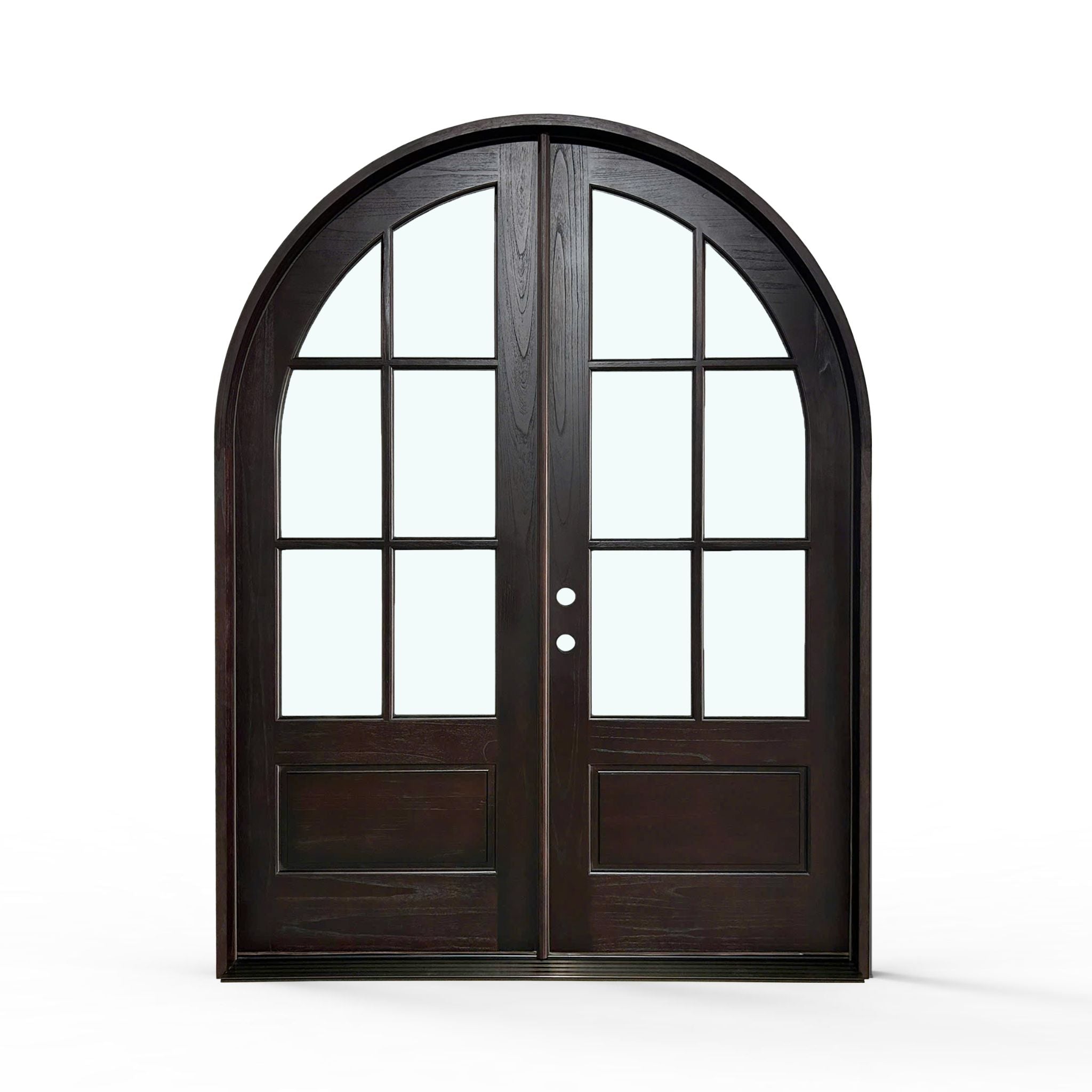 Weatherproof wood 6-lite arch top exterior double door, 72x96 inches, espresso pre-finish, front view, traditional, clear, and visible wood grain texture, Right hand in-swing
