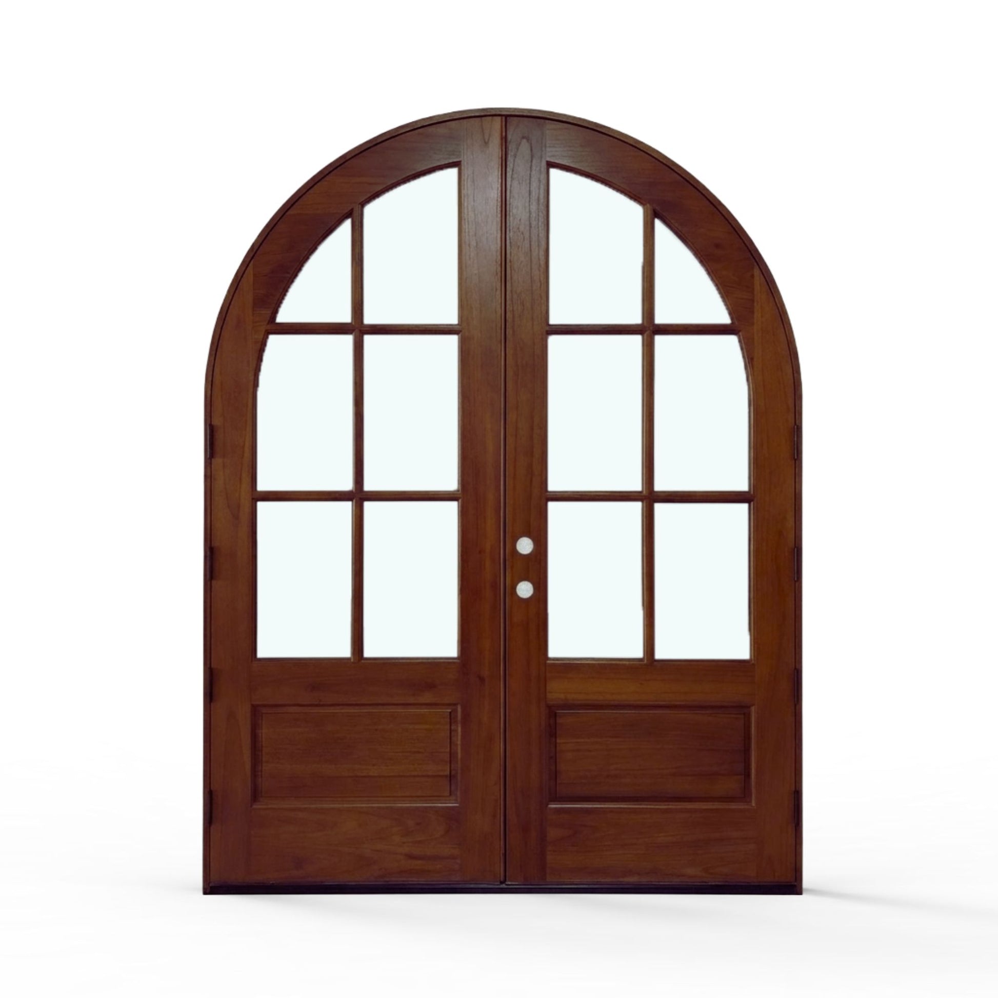 Weatherproof wood 6-lite arch top double door, 72x96, honey finish, front view, traditional exterior door, 6 lite clear glass, and raised wood panels at the bottom of each door