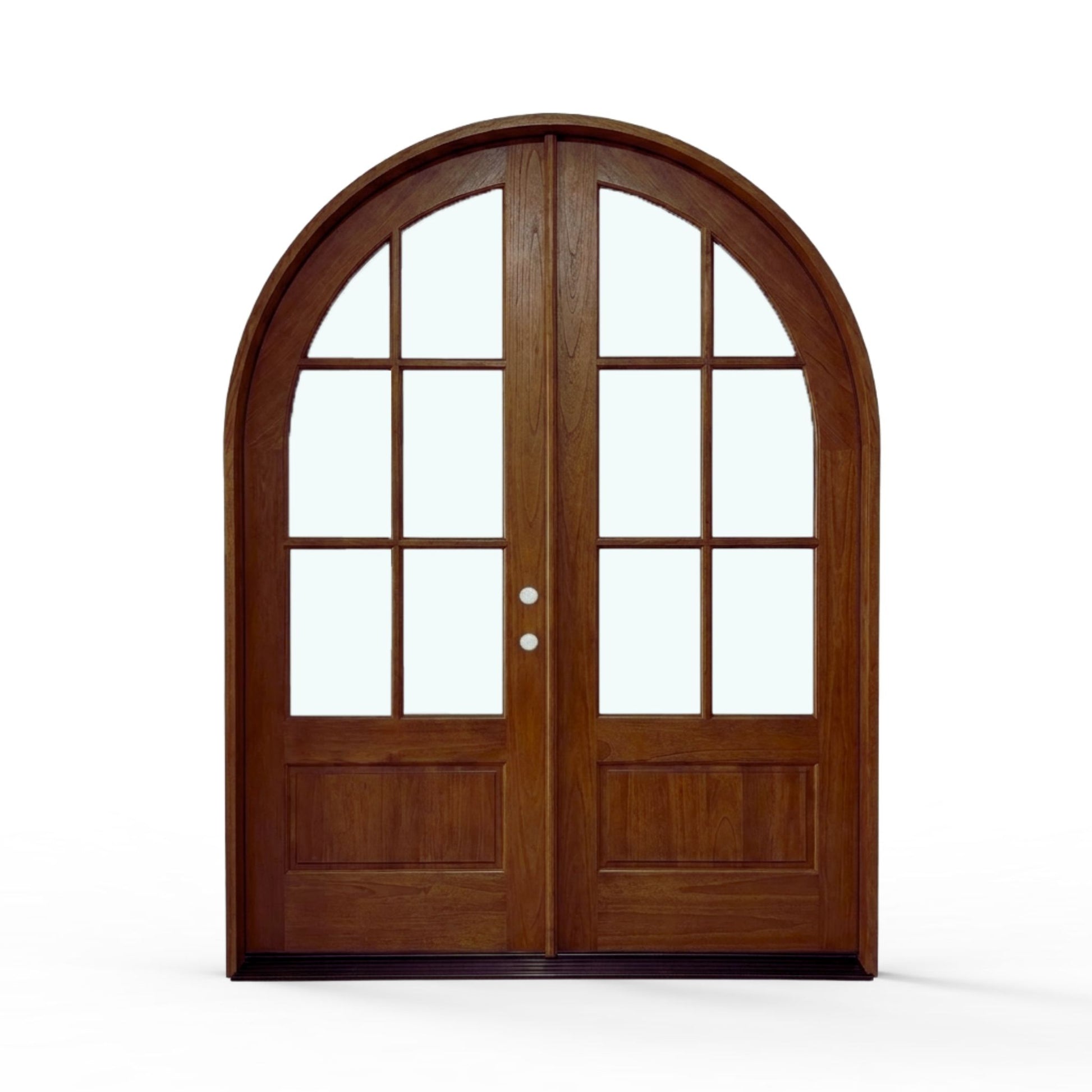 Weatherproof wood 6-lite arch top double door, 72x96 inches, medium-brown honey pre-finish, front view, exterior, clear glass