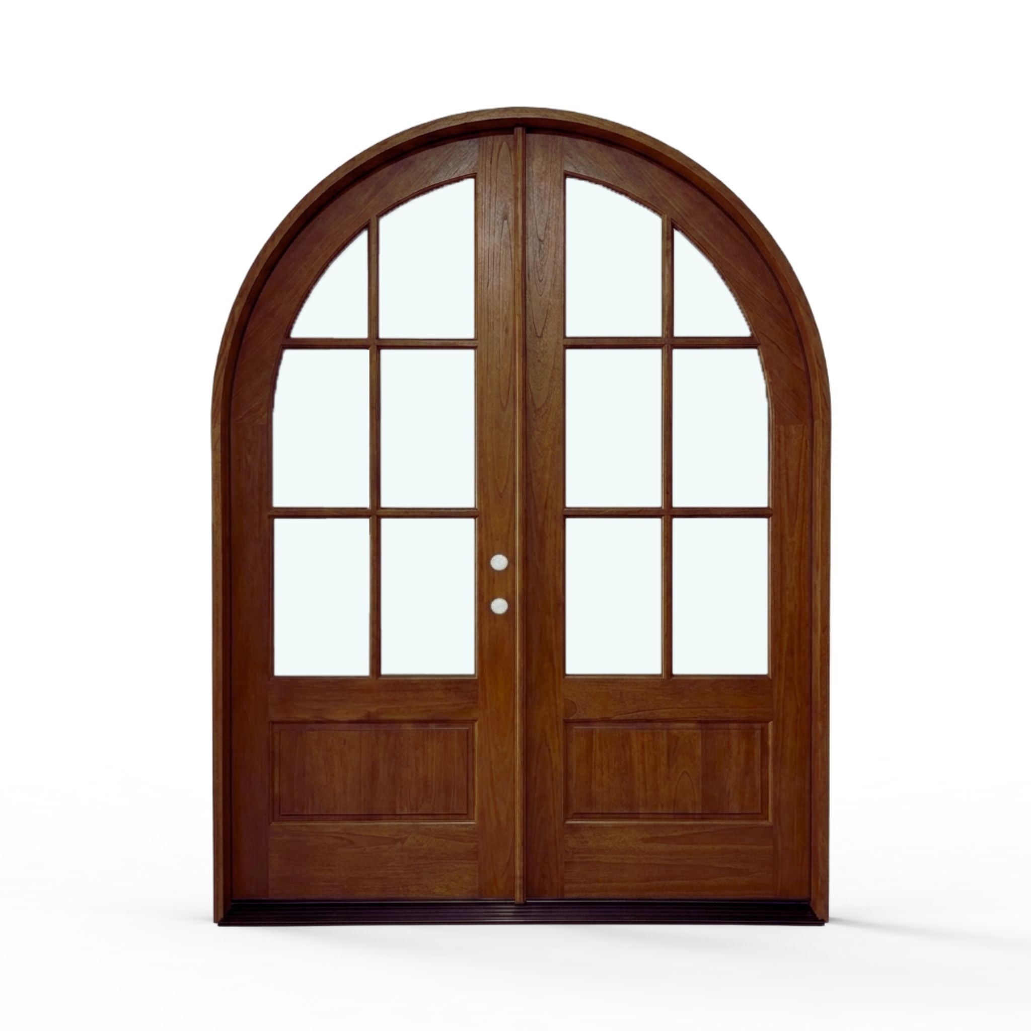 Weatherproof wood 6-lite arch top double door, 72x96 inches, medium-brown honey pre-finish, front view, exterior, clear glass