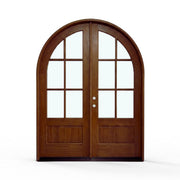 Weatherproof wood 6-lite arch top double door, 72x96 inches, medium-brown honey pre-finish, front exterior view, exterior, clear glass, right hand in-swing