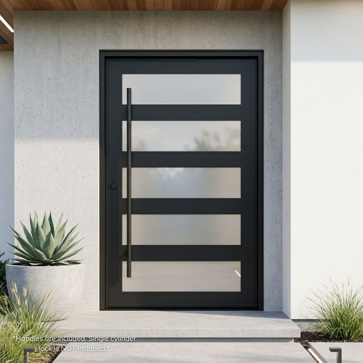 Wrought iron pivot entry door in matte black finish with five stacked horizontal frosted glass lites and a full-length vertical pull handle, installed against a concrete stucco exterior.