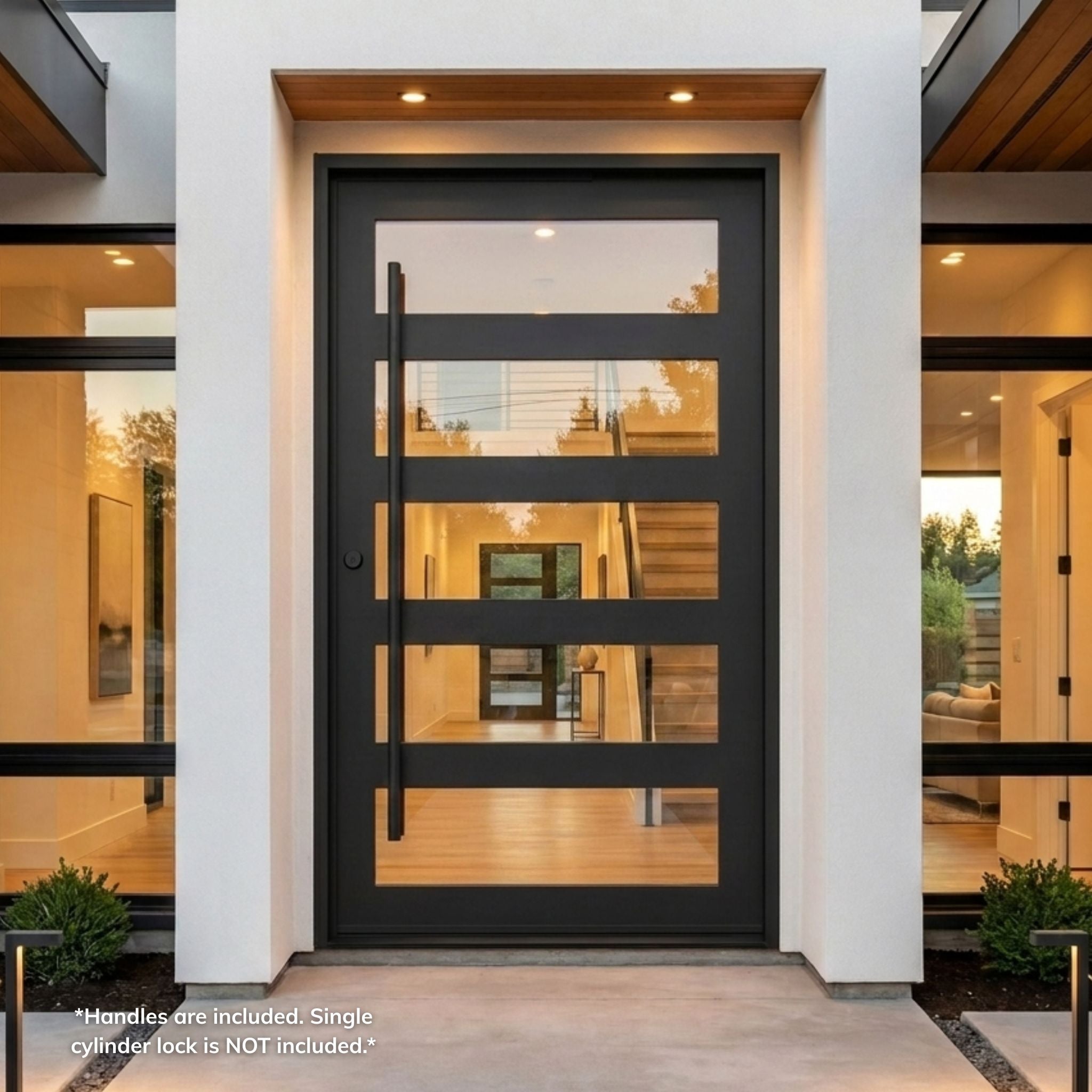 Wrought iron 5-lite pivot entry door, matte black finish with clear smart glass horizontal lites and vertical pull bar, installed on a modern white stucco home exterior