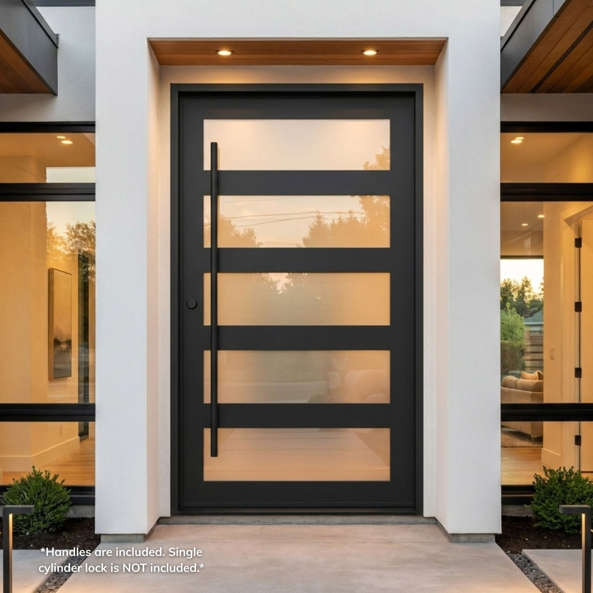 Wrought iron 5-lite pivot entry door, matte black finish with frosted smart glass horizontal lites and vertical pull bar, installed on a modern white stucco home exterior